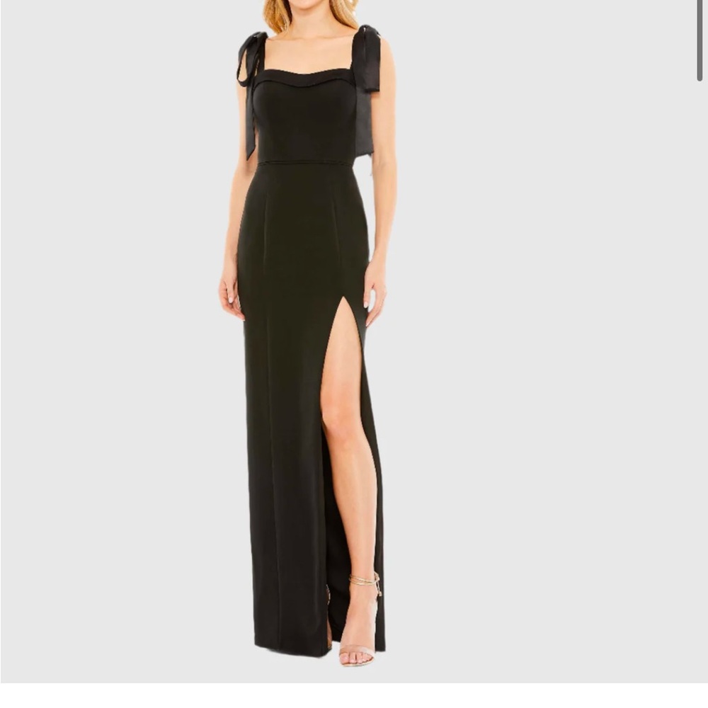 Leena Mac Duggal Black Square Neck Tie Strap Slit Gown